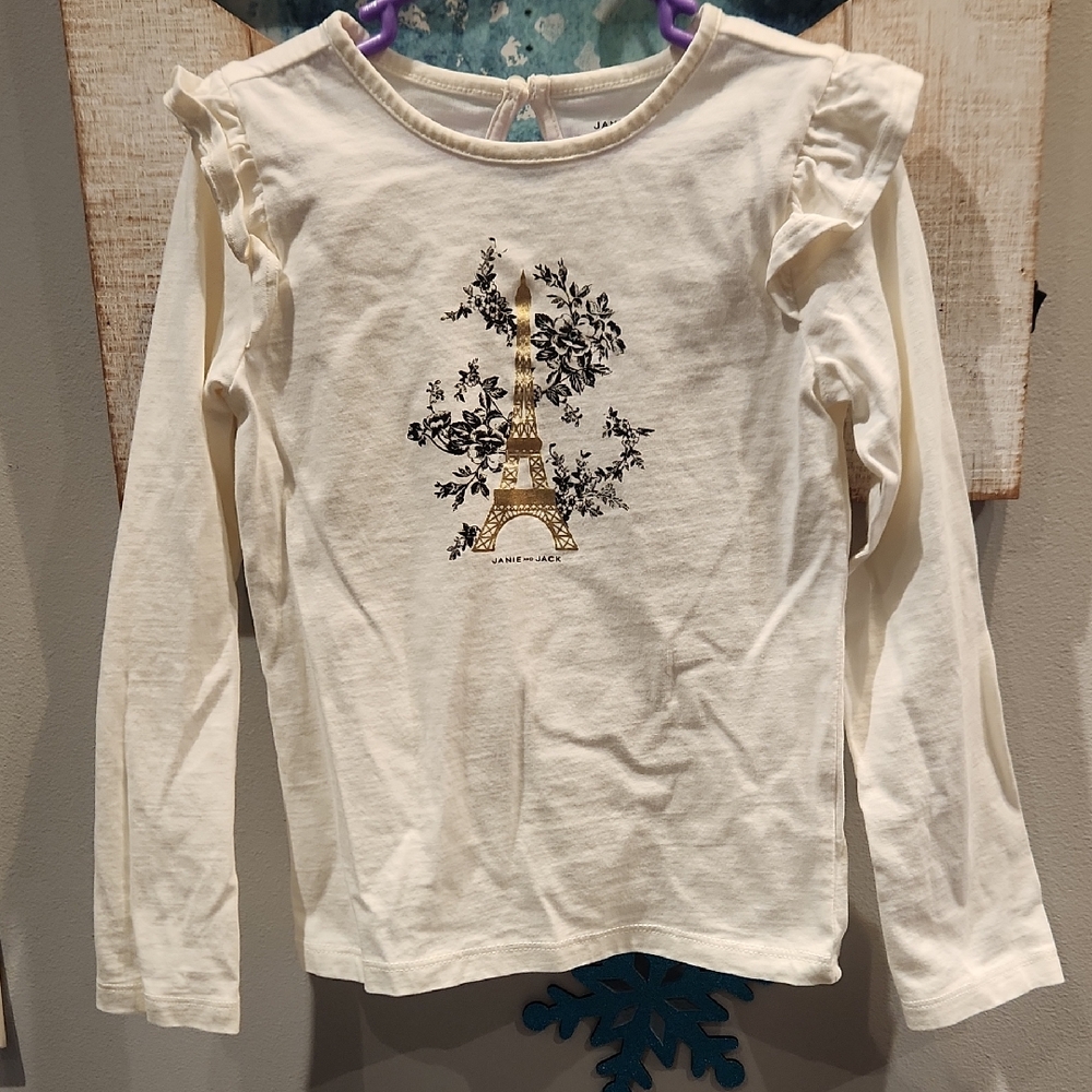 EUC Janie and Jack Cream Long Sleeve Tee with Ruffled Shoulders SZ 5